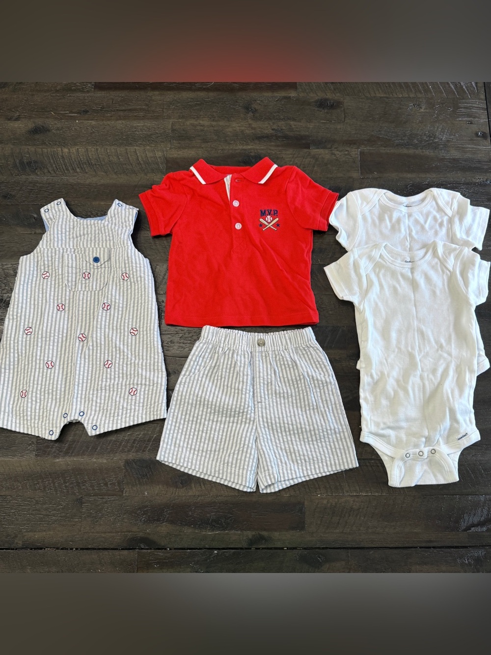 9m Little Me Baseball Embroidered Outfit & Romper | White Gerber Onesies Bundle